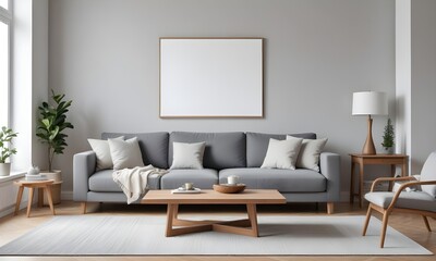 Modern living room with a gray sofa, a wooden coffee table, and blank framed Canvas on the wall. The room has a minimalist and cozy atmosphere