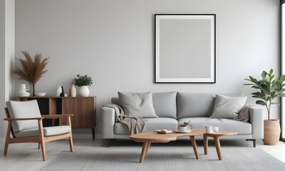 Modern living room with a gray sofa, a wooden coffee table, and blank framed Canvas on the wall. The room has a minimalist and cozy atmosphere
