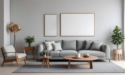 Modern living room with a gray sofa, a wooden coffee table, and blank framed Canvas on the wall. The room has a minimalist and cozy atmosphere