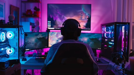 Enthusiastic gamer hosting a lan party late at night in a colorful setup