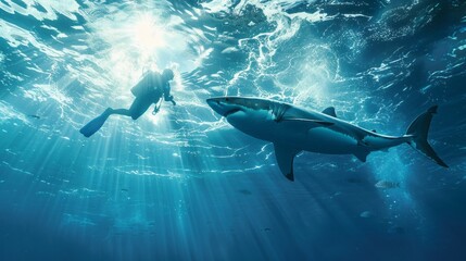 Fototapeta premium A man is swimming in the ocean with a shark