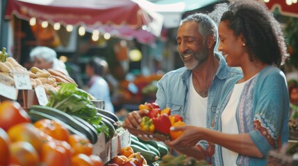 Obraz premium Middle Aged Diverse Couple Running a Small Business on a Farmers Market, Selling Organic Fruits and Vegetables. Young Female Shopping For Food, Choosing a Fresh Courgette or Zucchini Generative ai 