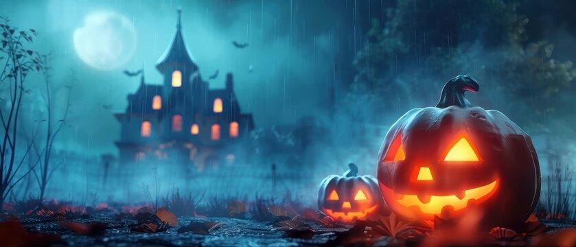 Evil pumpkin in a 3D Halloween scene with a haunted house, spooky dark forest at night, ideal for a holiday event banner