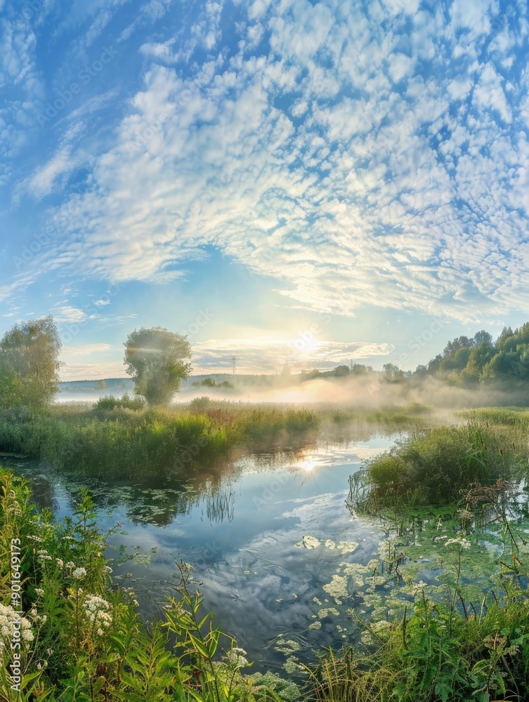 Wall mural a beautiful, serene landscape with a lake and trees. the sky is clear and blue, with a few clouds sc