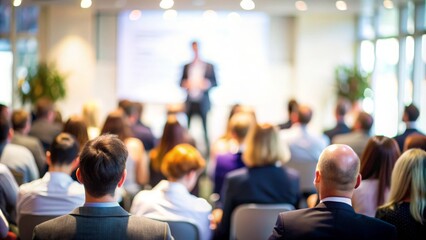 Event Presentation with Soft Focus Audience - A presenter at an event with a soft focus on the audience in the background.
