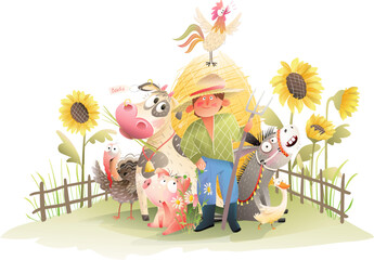 Farmer at farm with livestock, rural scene illustration. Domestic animals as cow donkey rooster turkey pig and goose, farmland and countryside farmers produce. Vectore cartoon, hand drawn art. © Popmarleo