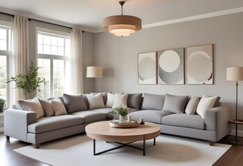 Modern and cozy living room with a large gray sectional sofa, a round wooden coffee table, and blank canvas framed on the wall. The room has a neutral color palette with gray and beige tones