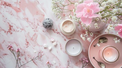 Top view of spa essentials and flowers on pink marble