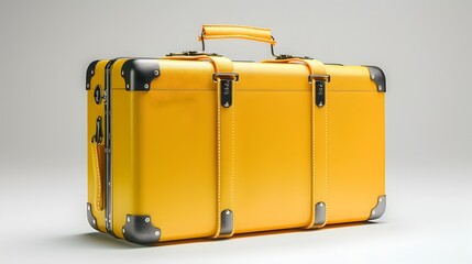 A yellow suitcase with a gold handle sits on a white background