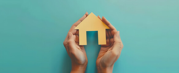 Hands Holding Paper House Cutout Against Blue Background