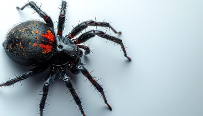 Black widow spider on white background, high detail, centered composition, minimalist and striking