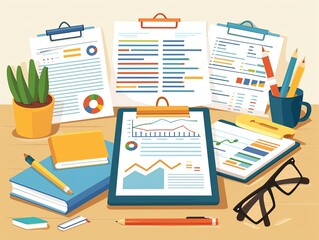 Business restructuring documents, charts and graphs, flat design illustration