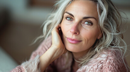 Mature woman with minimalistic makeup relaxing indoors in natural light during afternoon