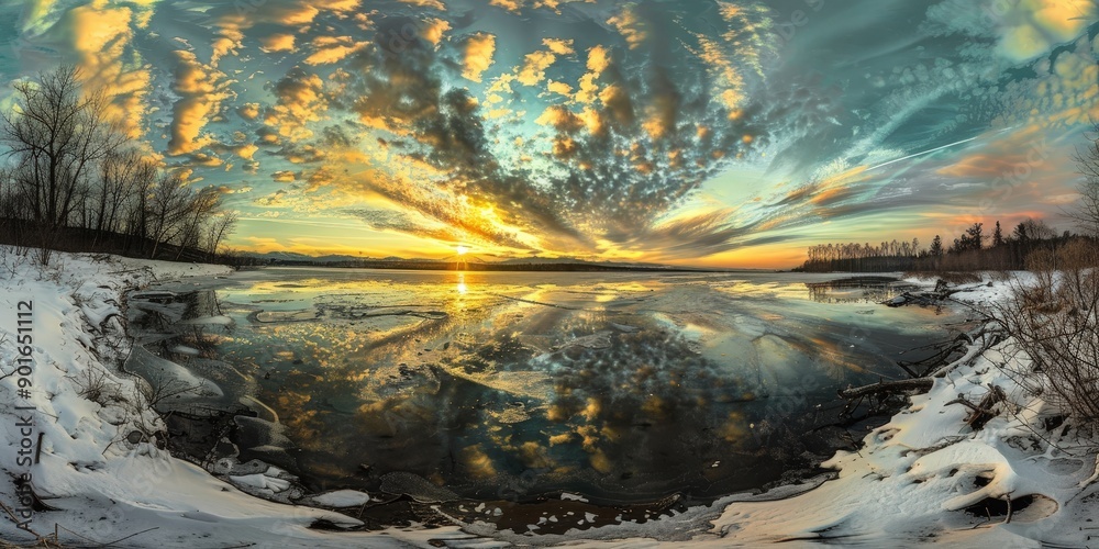 Poster winter sunset over frozen lake