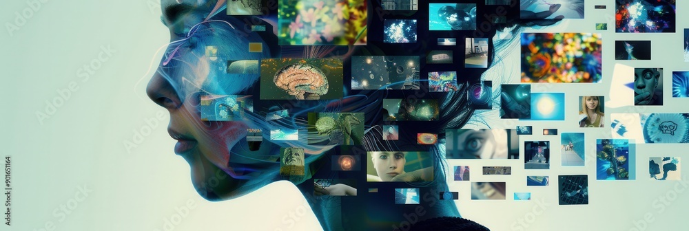 Poster A person contemplates, generating a vast array of eclectic images that reflect the complexities of creativity and imagination. Generative AI