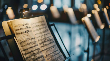 Orchestral sheet music on stand illuminated in soft lighting during evening rehearsal session