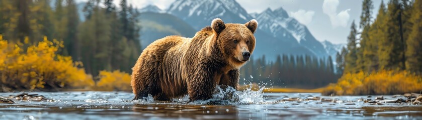 Obraz premium Grizzly bear in river with scenic mountain backdrop, natural lighting, wide angle
