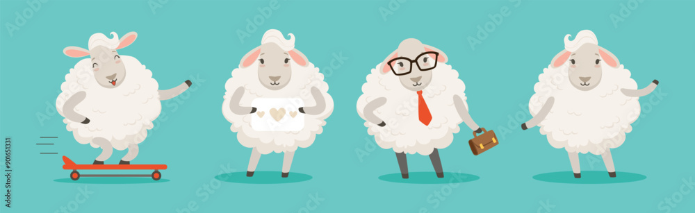 Canvas Prints Wooly White Sheep Character Engaged in Different Activity Vector Set