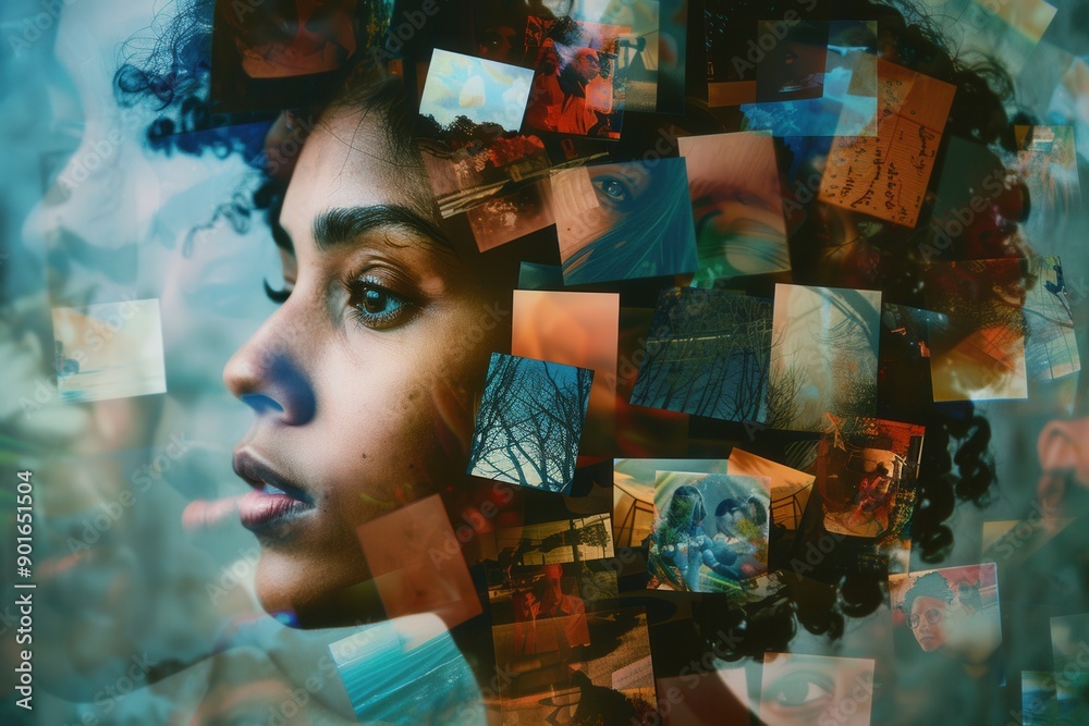 Poster A person contemplatively generating diverse visuals illustrating thoughts and emotions, surrounded by overlapping images representing ideas and memories. Generative AI