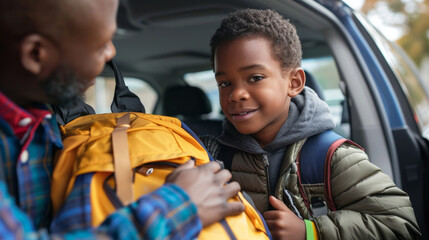 Parent assisting child with backpack while exiting vehicle at school drop-off in morning