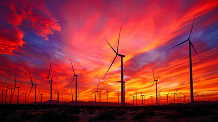 Obraz premium wind turbines on hills, against a pink and golden sunset sky, Renewable energy scene, Environmental sustainability photo