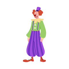 Birthday or circus clown, buffoon and joker, vector cartoon funny comedian person with red nose, masquerade costume
