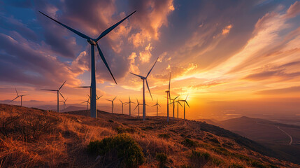 Naklejka premium wind turbines on hills, against a pink and golden sunset sky, Renewable energy scene, Environmental sustainability photo