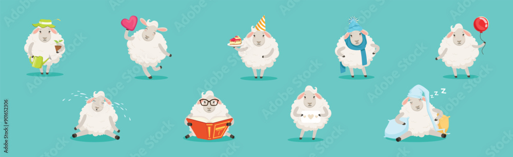 Poster wooly white sheep character engaged in different activity vector set