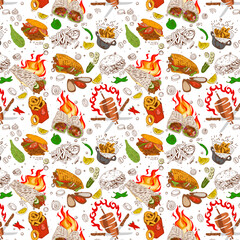 Seamless pattern of Doner Kebab. Concept of shawarma, street food, barbecue, cuisine. Vintage design template, banner. Fresh vegetables. Packaging background. Vector hand drawn Illustration.