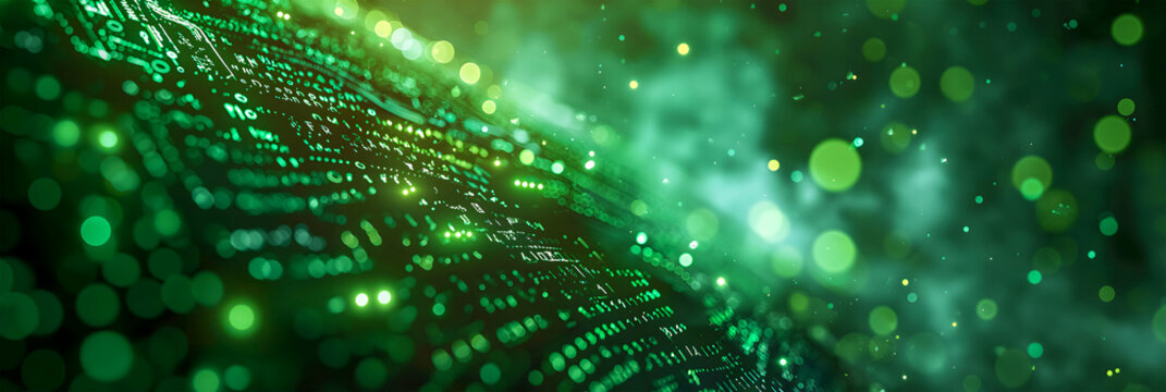 A green AI background with digital and futuristic elements that glow in the dark, an artificial intelligence banner technology based on data science and innovation in internet cyberspace.
