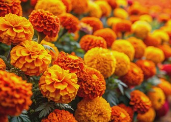 Vibrant oranges and yellows marigold flowers bursting with energy, surrounded by delicate orange petals, perfect representation of Holi festival's warmth and joy, banner size.