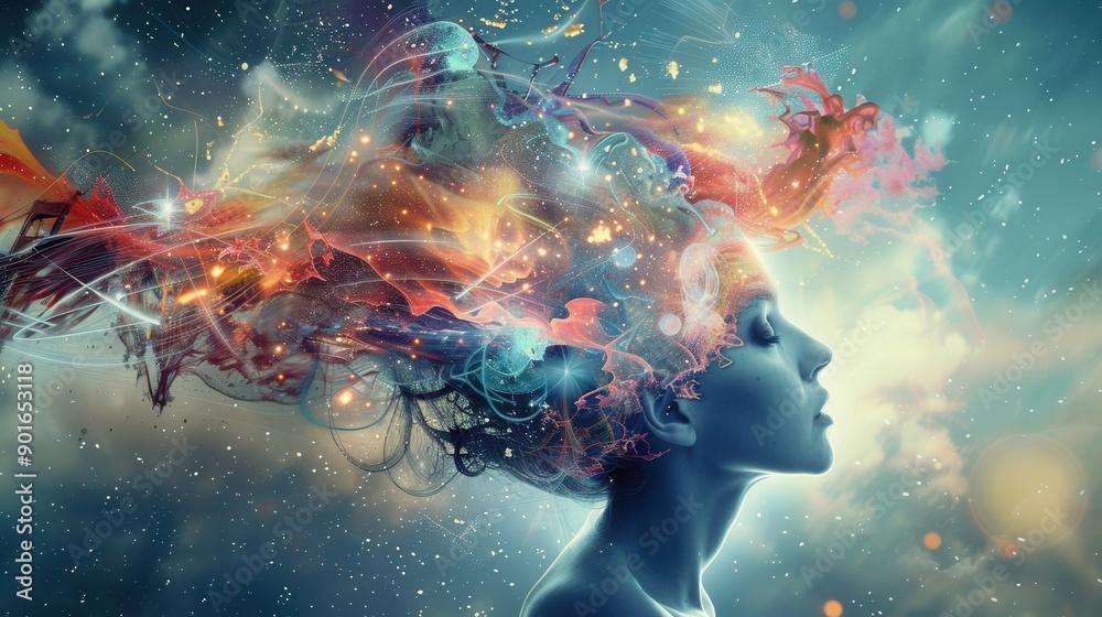 Poster a person with vibrant thoughts emanating from their mind, representing the diverse ideas and creativ