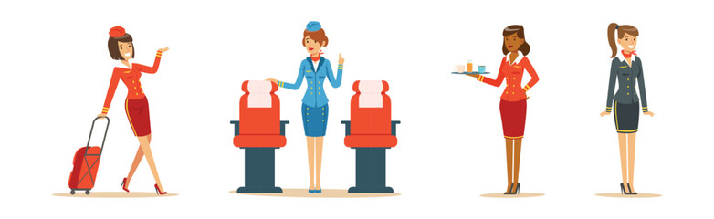 Woman Aircraft Crew Staff and Team Member Character Vector Set