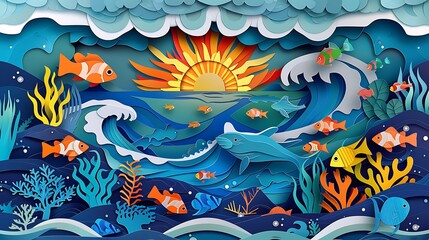 An ocean-themed paper cut design featuring waves, a variety of fish, coral reefs, and a paper sun setting on the horizon, emphasizing marine conservation.