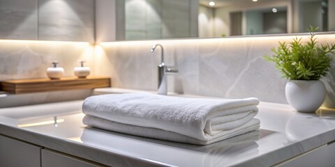 Crisp white hand towel lays folded on a sleek countertop in a serene, minimalist bathroom with clean lines, soft lighting, and a calm ambiance.