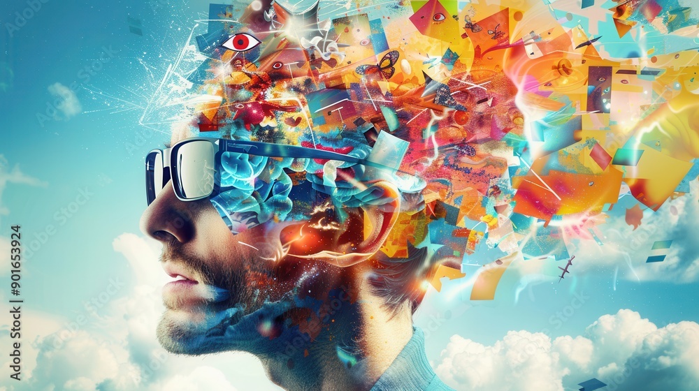Poster a person envisions a whirlwind of colorful and eclectic ideas bursting from their mind, symbolizing 