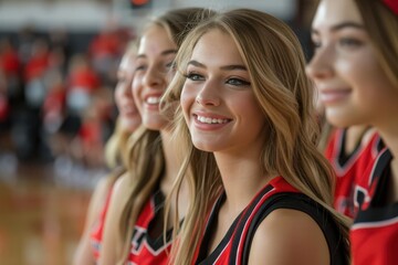 Four smiling cheerleaders in red and black uniforms sit on the sidelines of a basketball game.