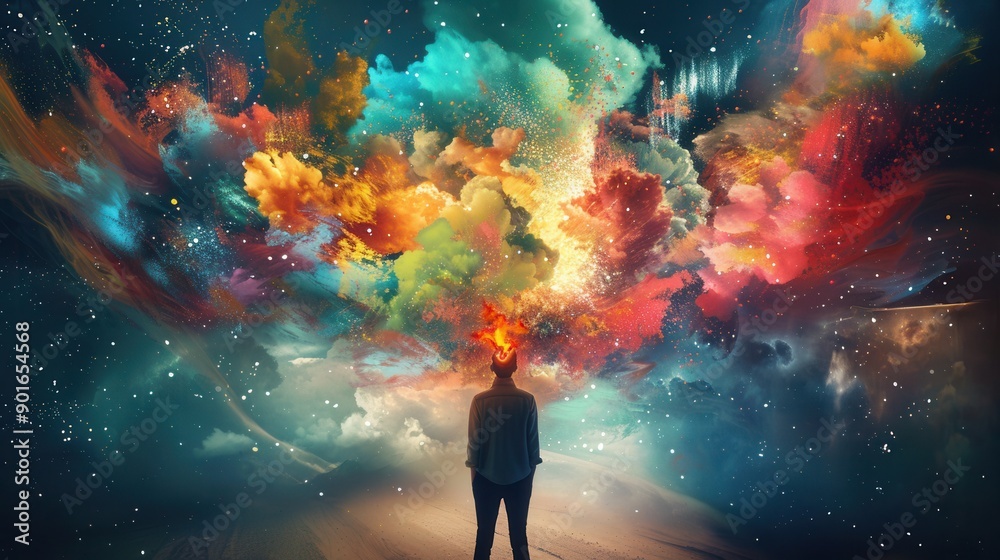 Poster a person stands in awe, witnessing a vibrant explosion of colors and ideas emanating from their mind