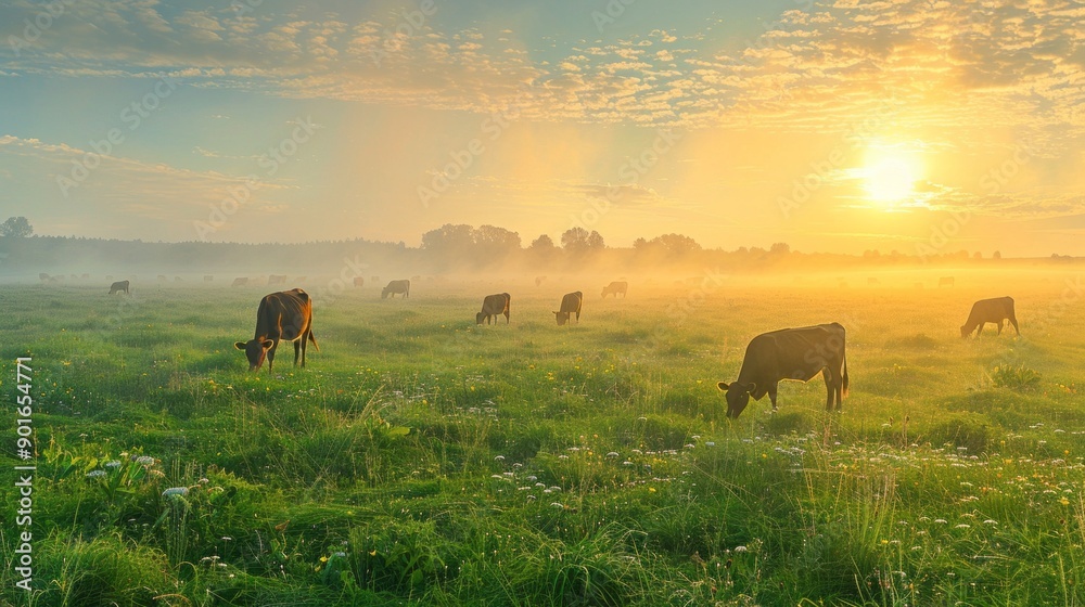 Poster A herd of cows are grazing in a field with a beautiful sunset in the background