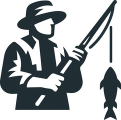 Fisherman with fish and fishing rod icon, logo isolated 