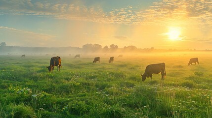 A herd of cows are grazing in a field with a beautiful sunset in the background