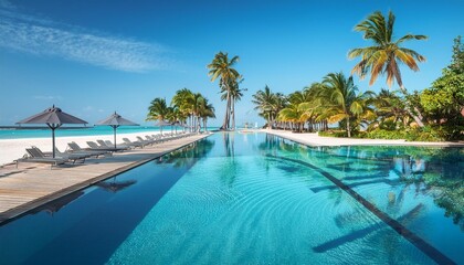 Fototapeta premium A stunning beach resort featuring an expansive infinity pool lined with palm trees, sun loungers, and umbrellas, overlooking the ocean.