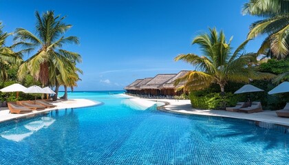 A luxurious tropical beach resort featuring an infinity pool, palm trees, sun loungers, and thatched-roof huts overlooking the ocean.