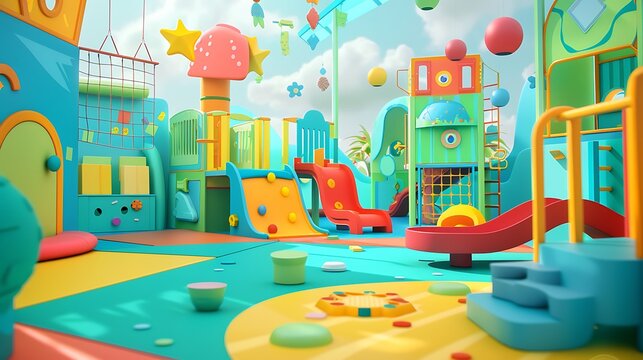 Childrens TV show set with bright, colorful playground like elements and props.