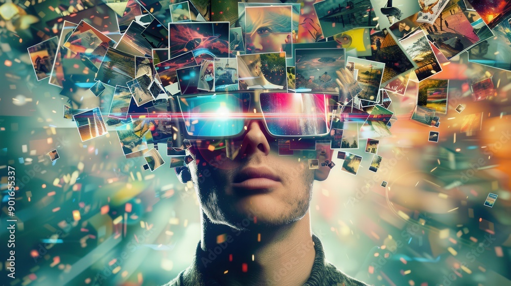 Poster a person wears glasses as a multitude of diverse images emerge from their mind, illustrating the cre