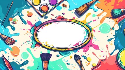 a back to school background with a central empty text space, decorated with artistic items like a palette, brushes, and a canvas, against a backdrop of paint splashes in various colors.