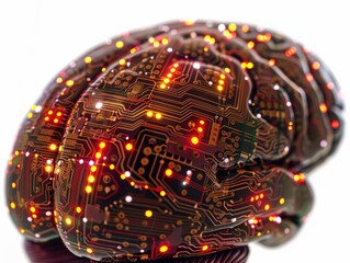 A brain made of electronic circuitry. The brain is glowing with bright lights. The brain is a representation of a computer or a robot