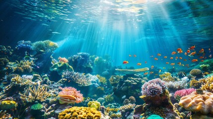 Fototapeta premium A beautiful and colorful coral reef with many fish swimming around