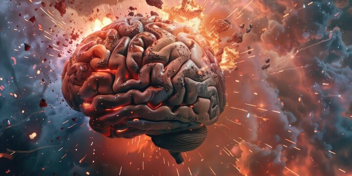 A brain is exploding in a fiery explosion. The brain is surrounded by a cloud of debris and is surrounded by a fiery explosion