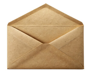 Open Brown Paper Envelope with visible inner fold and natural texture. Isolated on transparent background, png.